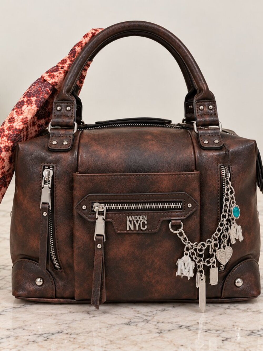 Madden NYC Brown Distressed Satchel Bag w/ Charms - Picture 6 of 7